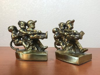 Vintage PM Craftsman Brass Bookends- Kids Playing Tug Of War