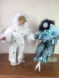 Pair Of Unique Collector Dolls - Snow Baby Doll & Harlequin Doll In Glass & Wood Case