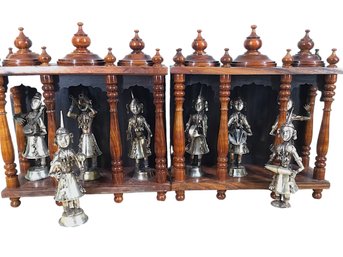 Vintage Indian Hand Crafted Silver Metal Figurines With Ornate Wooden Display