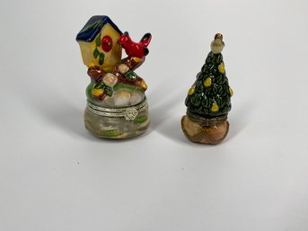 Pair Of Tiny Trinket Boxes Featuring Cardinal With Baby Bird & Partridge In A Pear Tree With Additional Pear