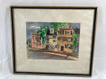 Framed Watercolor Painting Of Building Faces (shows Water Damage, See Photos)