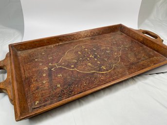 Antique Wooden Serving Tray With Intricate Metal Inlay