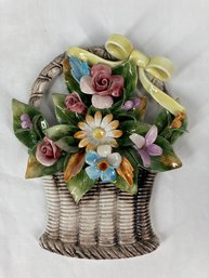 Vintage Itilian Capademonte Large Porcelain Flowers Basket Wall Hanging Art Plaque