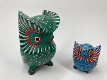 Two Hand Carved & Hand-painted Stylized Owls