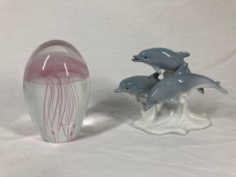 Blown Glass Jellyfish & Ceramic Dolphin Figurines