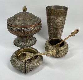 Wonderful Antique Bronze Ceremonial Pieces Featuring Spoons, Ornate Bowls, & Vase