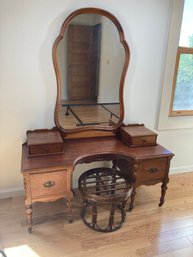 Early 1900s Petite Dressing Table With Bamboo Stool