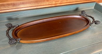 Oblong Wood Tray With Cast Pinecone And Twig Handles