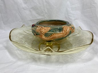 Vintage Asian Planter Dish And Depression Glass Plate