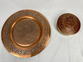 Beautiful Hand Cut Copper Plater & Hand Tooled Indian Brass Lidded Round Box