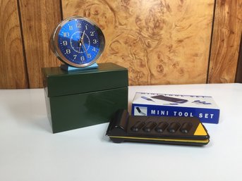 Baby Ben Alarm Clock, Green Metal Note Card Box, Mini Tool Set