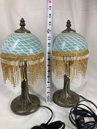 Set Of Bedside Fringe Glass Shade Lamps