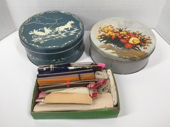 2 Vintage Tins And Small Box Of Vintage Buttons & Sewing Notions