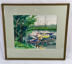 Vintage 1969 Framed Original Watercolor Painting Of Sailboat At The Dock