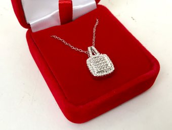 Diamond Chip & Silver Square Pendant Necklace