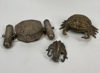Antique Ethnic Tribal Pendant Box Locket Sterling Silver, Lucky 3 Headed Elephant, & Bronze Crab