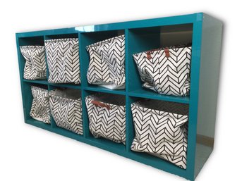 Cute Teal Blue Ikea Cube Shelf With Collapsable Canvas Baskets- See Photos For Size