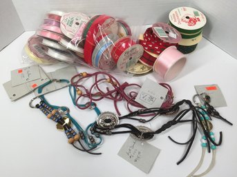 Lot Of Ribbons And Assorted Handmade Suede Jewelry/keyrings