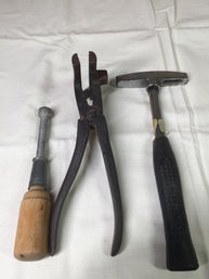 Group Of 3 Tools- Tack Hammer, Leather Pliers & Wood Handled Tool