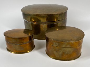 Collection Of Three Vintage Asian Brass Oval Lidded Boxes