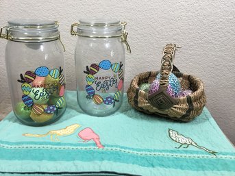 Collection Of Easter Decor Featuring Mosaic Eggs In A Basket, Decorated Lidded Jars & Stained Bird Towels