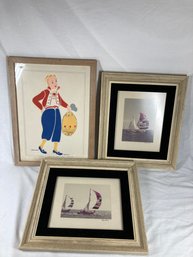 Trio Of Framed Art- 1 Vintage Scandinavian Design Illustration & 2 Signed Sailboat Photos