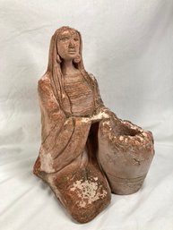 Antique Clay Woman Garden Figurine