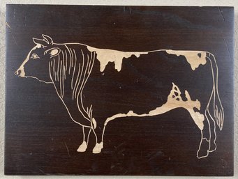 Interesting Wood Edging/carving Of Cow On Dark Wood