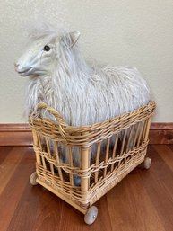 Adorable Little Lamb With Natural Wicker Wagon