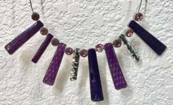 Purple Accent Fringe/paddle Necklace On Silver Colored Wire