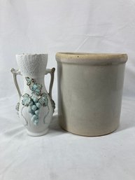 Vintage China Handled Vase & Antique Crock