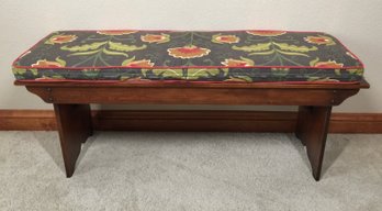 Wood Ethan Allen Bench With Custom Floral Seat Cushion