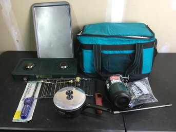 Camping Stove With Supplies & Cooler