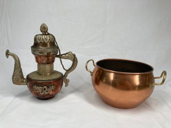 Vintage Brass & Copper Tibetan Coffee/tea Pot With Dragon & Copper Vessel With Handles