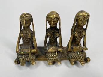 Vintage Dhokra Art Cast Brass Seated Women With Babies Sculpture