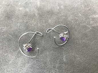 Sterling Swirls & Purple Gemstone Heart Drop  Earrings