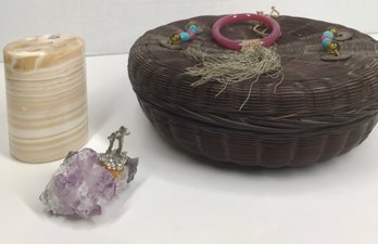 Trio Of Unique Decor- Stone Pencil Holder, Vintage Woven Basket, Amethyst Rock With Dolphins