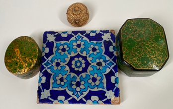Beautiful Handmade Tile With Collection Of Handpainted Boxes