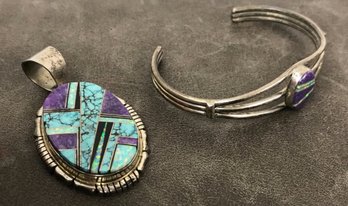 Stamped Sterling Pendant & Cuff With Inlay Design