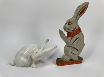 Cute Porcelain Bunny & Antique Wooden Hand Carved Bunny