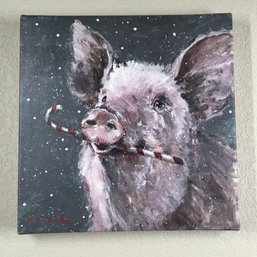 Print On Canvas Of Painting Of Pig With Candy Cane