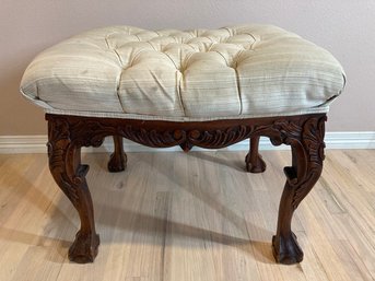 Antique Carved Wooden Stool With Upholstered Tufted Top