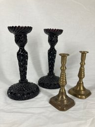 Vintage Pair Of Glass & Pair Of Brass Candle Holders