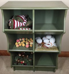 (#2) Green Six Cubby Pier One Shelf Container With Assorted Holiday Decor Included, XMAS & Glitter Fruit