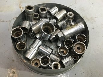 Large Assortment Of Sockets In Round Tray