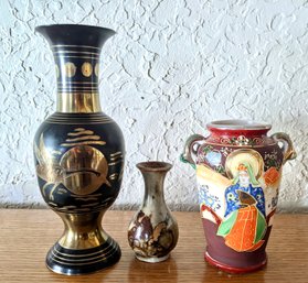 3 Miniature Vases- Gold & Black, Japanese Figure In Colorful Clothing, Tiny Glazed