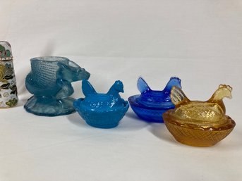 Set Of Glass Chicken Containers And Various Other Glass Items