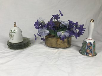 Collection Of Assorted Decorative Glass & Ceramics With Faux Flowers In Brass Piece