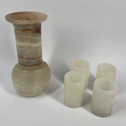 Carved Onyx Watervase & 4 Glass Set