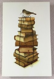 Print On Canvas Of Painting Of Bird On A Stack Of Books